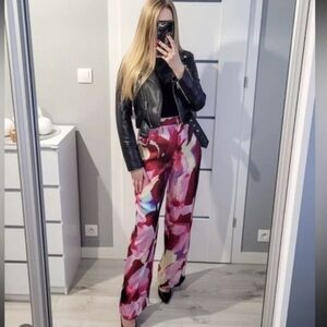 Zara Printed High Waist Floral Trousers Pants Satin Finish XL NWT